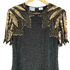 Vintage 80's Stenay silk beaded sequin dress black gold cocktail party size 10