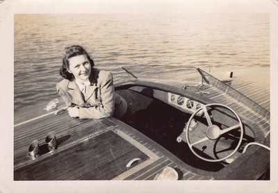 Vintage Chris-Craft Runabout Wooden Boat 1940s Photo Woman Posing Cabin Cute