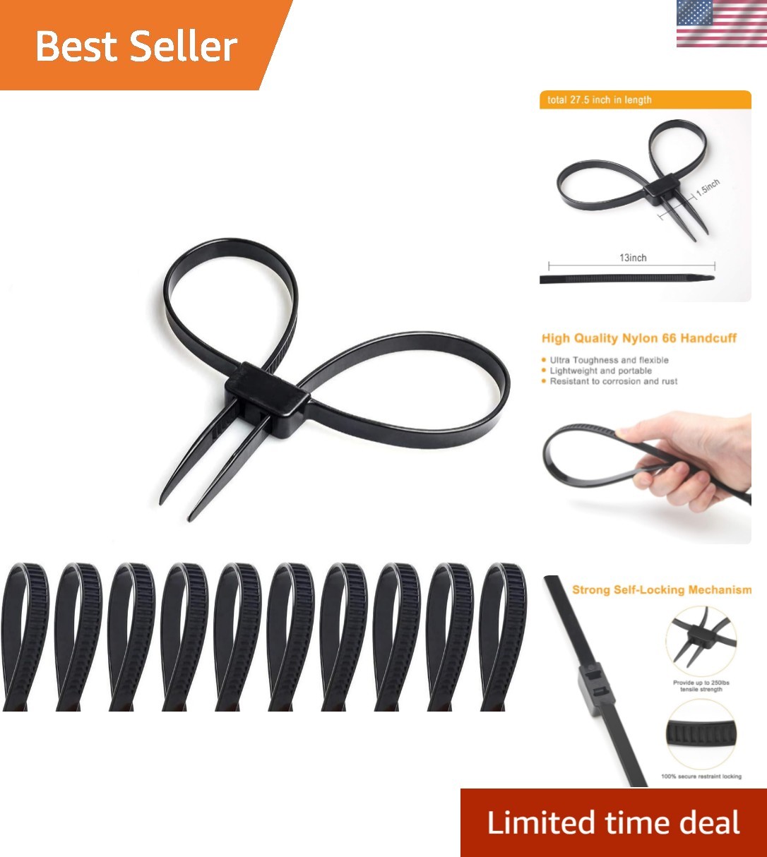 10 PCS Heavy Duty Flex Cuffs: Double Locking Nylon Zip Tie