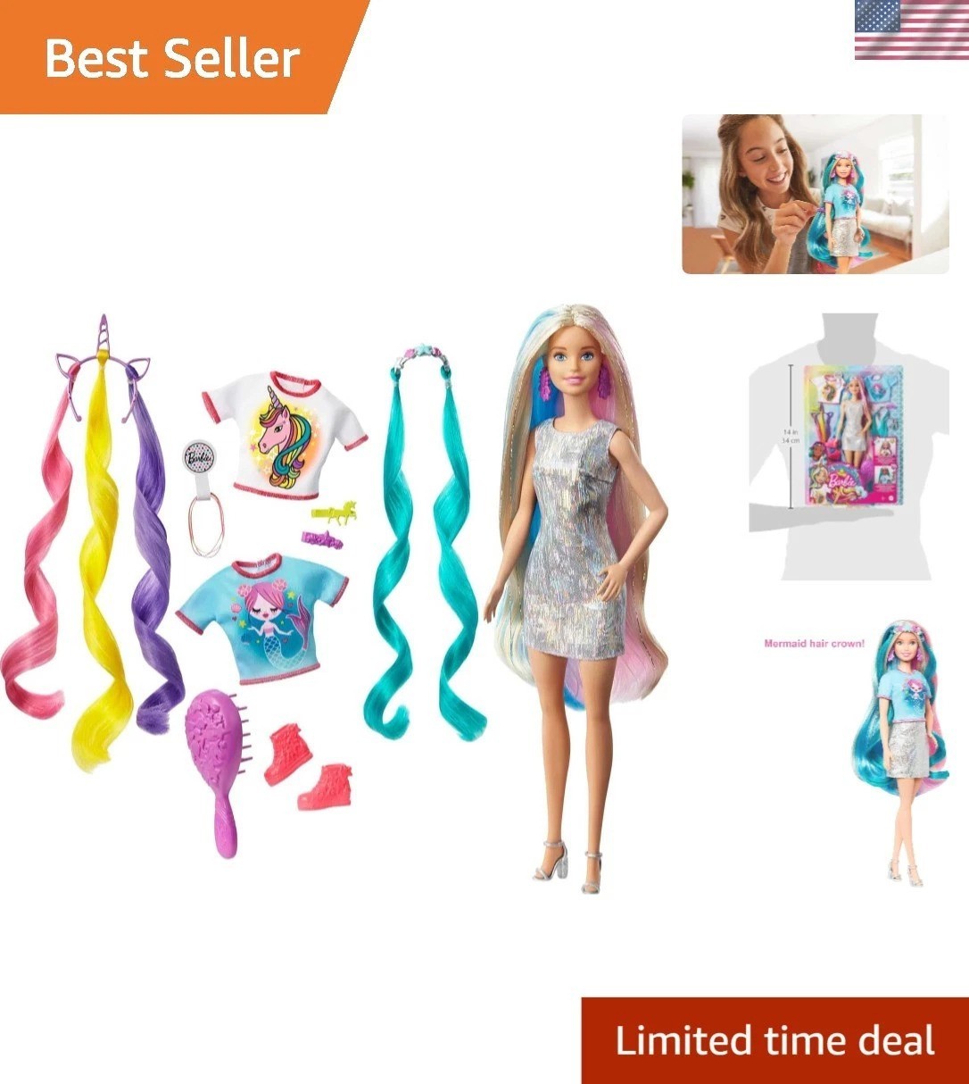 Fantasy Hair Doll - Blonde Barbie with 2 Crowns & Accessories for Kids Ages 3-7