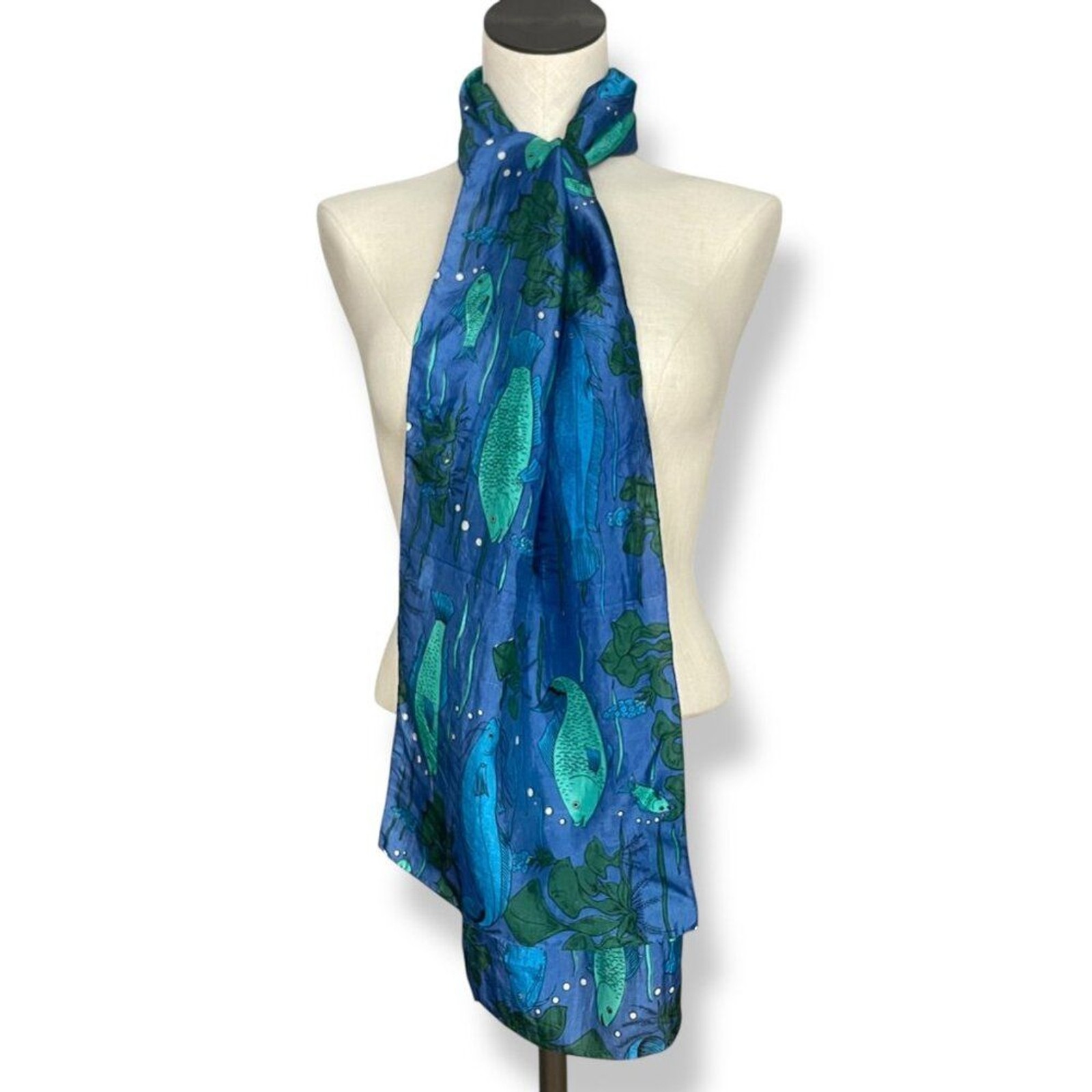 Fish Scarf Rectangular Long Blue Green Eclectic A… - image 2