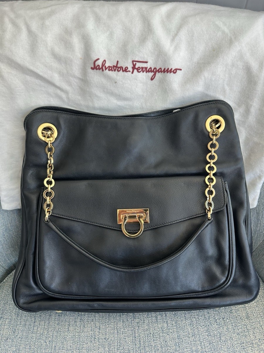 Salvatore Ferragamo Sheba Black Leather Handbag Shoulder Bag Chain Strap