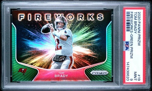 147438620 Tom Brady 2020 Panini Prizm #19 Green Fireworks PSA 9
