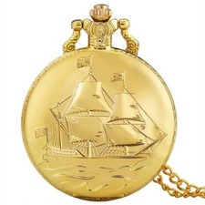 Golden Sailing Canvas Unisex Quartz Pocket Watch Necklace Pendant Chain Gift