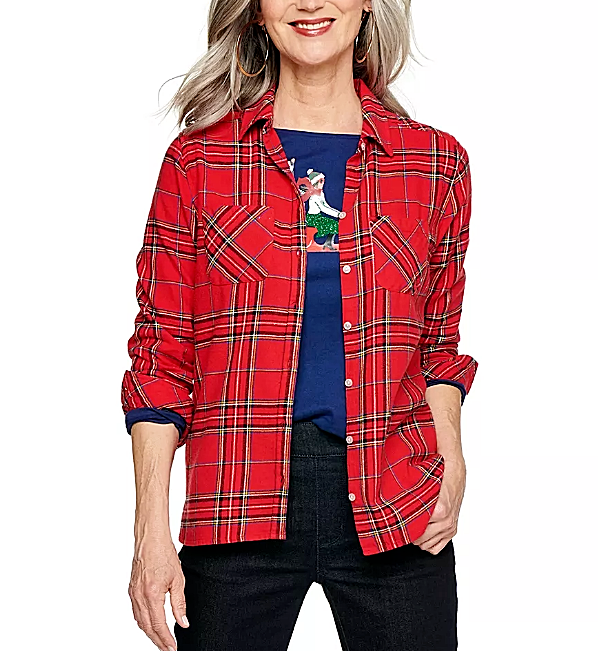 NEW Womens Plaid Flannel Boyfriend Shirt Red Plaid Croft & Barrow Plus