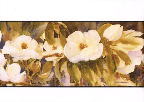 Watercolor Magnolia Flower Floral Blue Purple Golden Brown Wallpaper Border - 第 2/2 張圖片