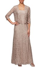 Alex Evenings Women's Long Lace Jacket Dress, Buff, Size 6