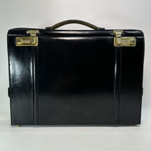 Vintage Franzen Briefcase Black Smooth Leather Combination Lock Suede Lined - Picture 1 of 24