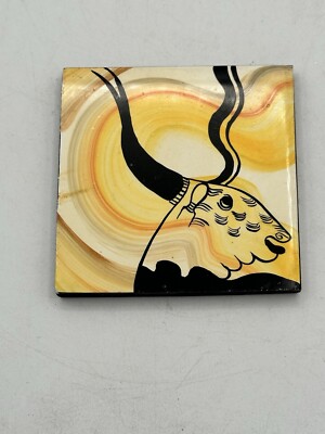 Czechoslovakian 3  Bull Tile Hand Crafted Artwork Yellow Background 