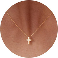 14K Gold/Silver Cross Necklace, Women's Dainty CZ Tiny Sideways Virgin Mary Gift