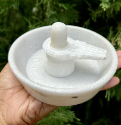 Weißer Marmor Stein Schelfer und Teller Hindu Gott Weiß Shiva Lingam Pooja