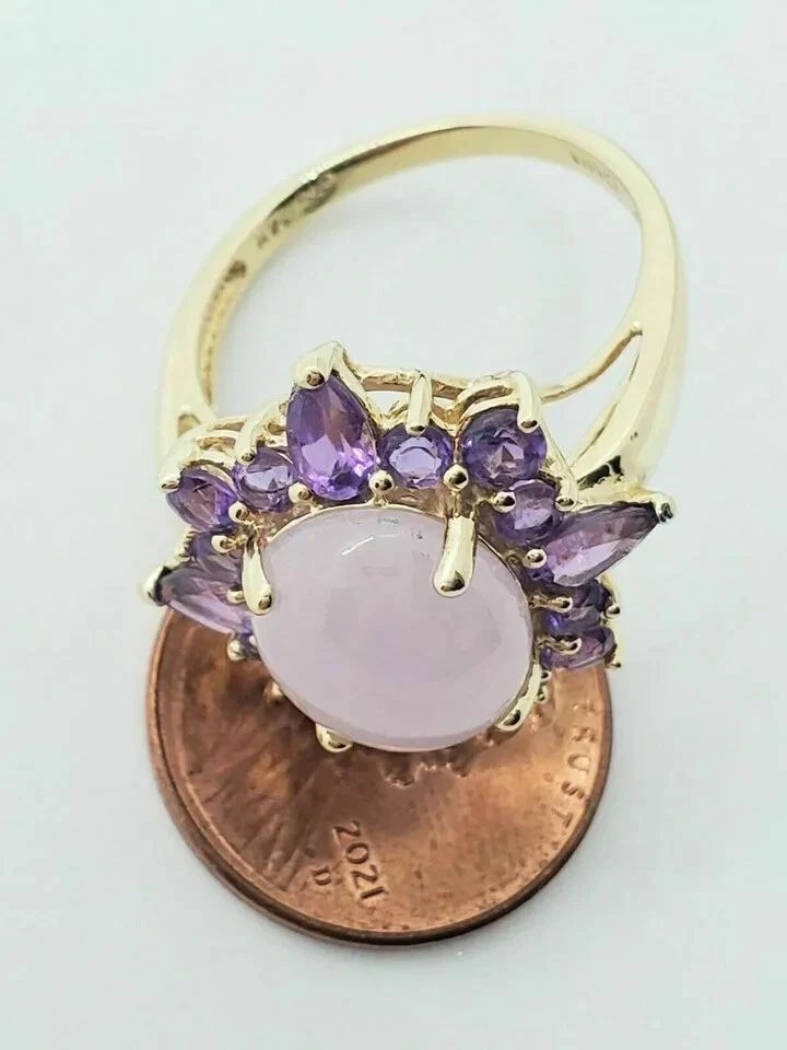 Increíble anillo redondo de oro amarillo de 14k sobre lavanda jade pera amatista/ópalo halo Foto 3 de 4