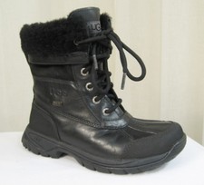 NEW UGG Australia Big Kids Butte Shearling lace-up Black Leather Boot US 2/EU 32