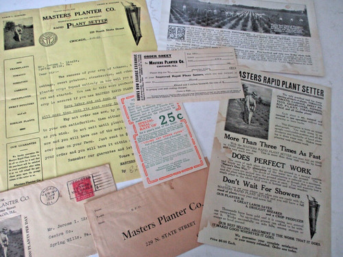 1923 MASTERS PLANTER CO PLANT SETTER TOBACCO TOMATOES 2 COVERS 4 PIECES W/LETTER