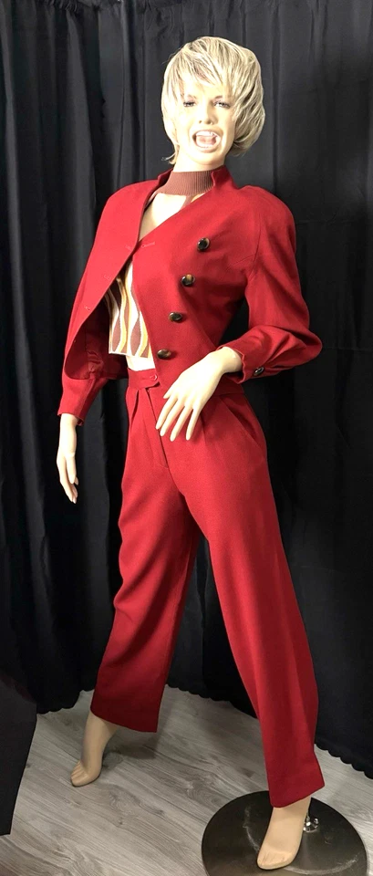 CHRISTIAN DIOR 90 年代羊毛红色高腰打褶裤子套装 2-4 码 — 第 3/4 张图片