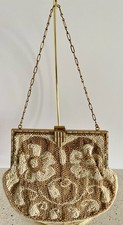 Vtg Art Deco Beaded Purse Cream Gold Pearl Seed Bead Evening Bag Bridal Clutch
