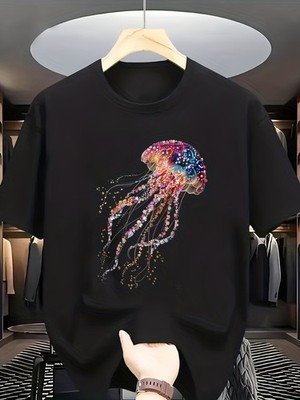 Jellyfish Print T-Shirt with Sea Creature Design - Short Sleeve Round Neck Sum