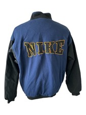 Vintage 90s Nike Back Big Spell Out Fleece Nylon Bomber Jacket Sz L Blue Black