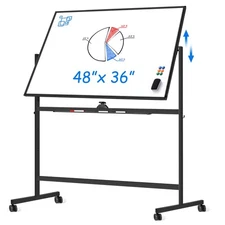 Large Rolling White Board, 48x36 in Double-Sided Mobile Whiteboard, Reversibl...