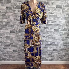 068 Blue Gold Print Angel Sleeves Floaty Style Long Maxi Dress Size 16