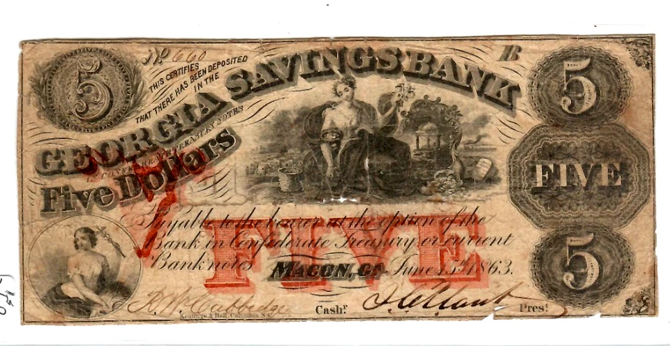 $1 "GEORGIA SAVINGS BANK" (ORANGE OVERPRINT) 1800'S (MACON) RARE NOTE!!! - Image 2 of 3