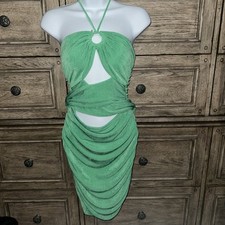 Green Ruched Cut-Out Halter Mini Dress Bodycon O-Ring Party Dress