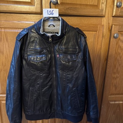 Levi's Mens Faux Leather Jacket with Sherpa Lining Black Size Large Bomber
