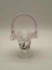 Fenton Pink Opalescent Ruffle Basket Trellis Hand Painted Floral Glass Signed 7"