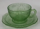 Vtg Hazel Atlas Florentine I Poppy Green Uranium Cup & Saucer Depression Glass