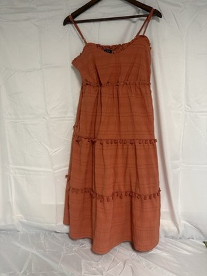 Max + Ash Women's Orange Smocked Strappy Ruffle Pom-Pom V-Neck Midi Dress M
