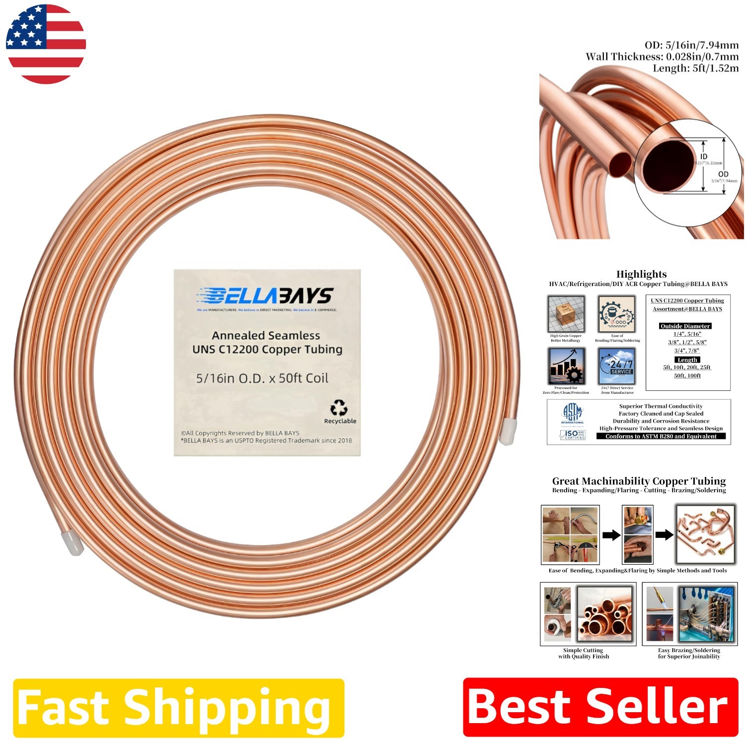 50ft 5/16" Soft Copper Tubing Coil - ASTM B280 Refrigeration Grade