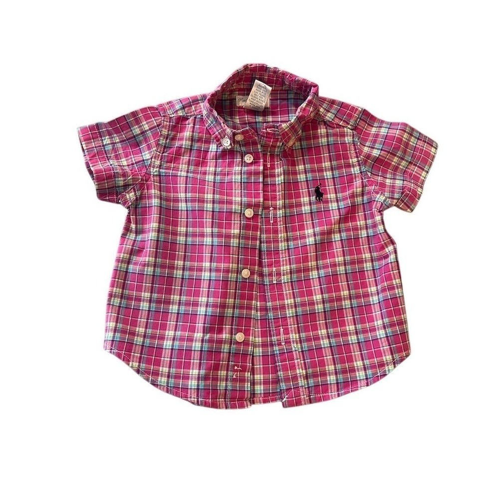 Ralph Lauren Baby Girls Pink Plaid Button Down Shirt Short Sleeve Size 9M