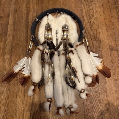 Vintage Handmade Native American Dream Catcher 14  Rabbit Fur, Feathers, Leather