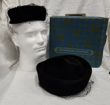 Lot of 2 vintage ladies BLACK PILLBOX HATS with Strawbridge & Clothier hat box