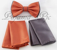 Checker Two Tone Design Men Bowtie Or with Hankie Orange Charcoal Dot BT2T101-H
