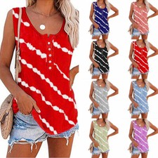 Women's Summer Print Round Neck Button Sleeveless Vest T-shirt Top 8Colors