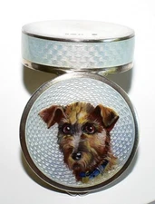 STUNNING! Antique STERLING *ENAMEL GUILLOCHE* Hp TERRIER DOG Rouge Pot PATCH BOX