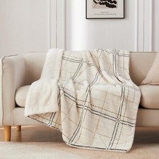 Ultra Soft Sherpa Fleece Throw Blanket - Cozy Thick 50"x60" Check Ivory Grey