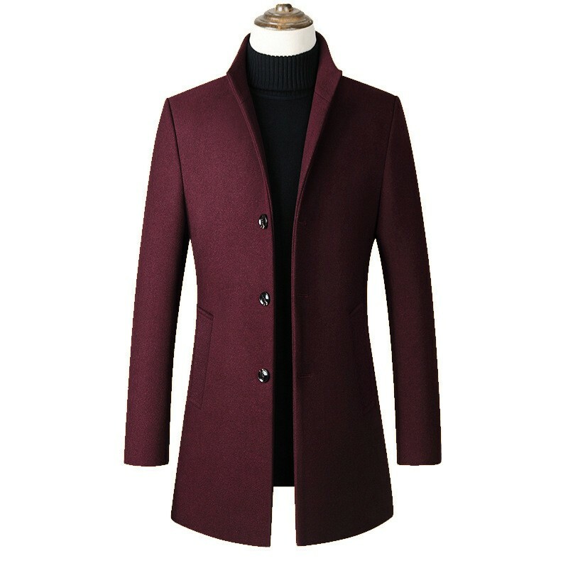Men's Single Breasted Stand Collar Wool Blend Jacket Trench Coat