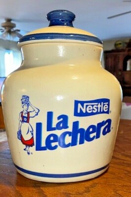 NESTLE La Lechera Pottery COOKIE JAR Canister BEAN CROCK w/Lid 10'' General Store