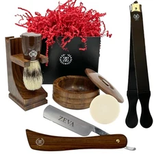 MEN'S GIFT SET FOR HOLIDAY GROOM WOODEN STRAIGHT RAZOR SHAVING KIT IN BOX 6 pcs