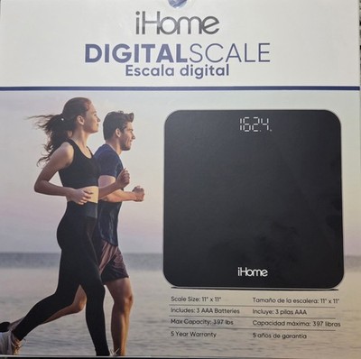 iHome Digital Scale Black Tempered Glass 11'' x 11'' Modern 397 lbs Capacity