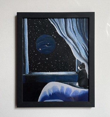Tuxedo Cat Looking at Neptune Night Sky Art Print Space Animals