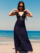 Navy Blue Floral Eyelet Scallop Trim Spaghetti Strap Maxi Beach Dress