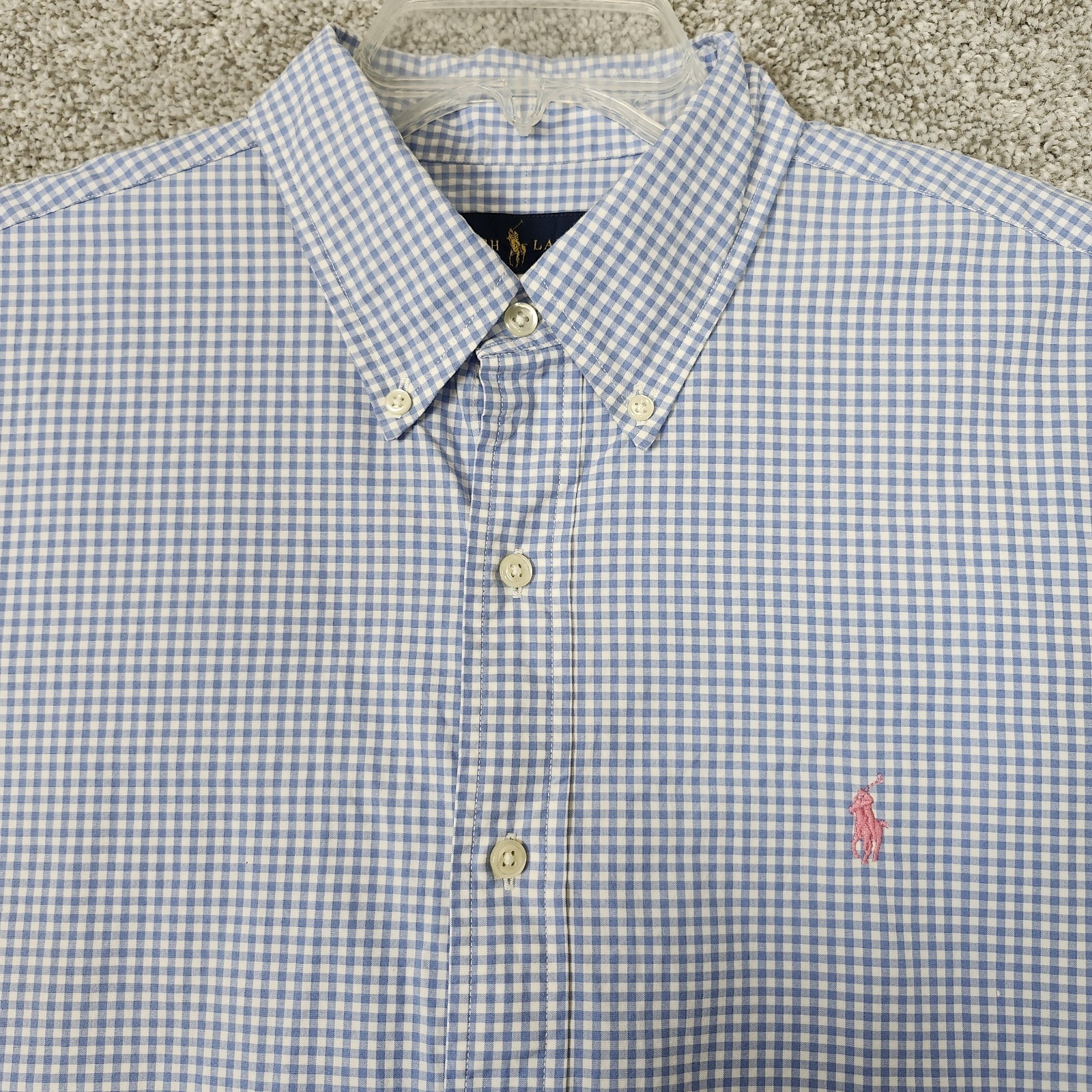 Polo Ralph Lauren uomo camicia grande blu a quadri manica lunga rosa pony