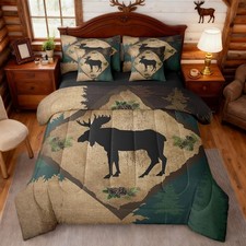 7 Pcs Lodge Cabin Full Size Comforter Set Pine Trees Grid Rustic Style Beddin...