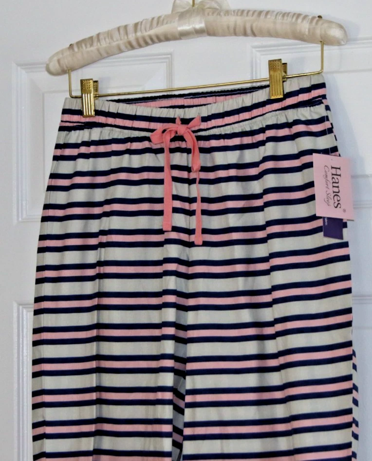 NEW HANES SET OF 2 PAIR LOUNGE PAJAMA PANTS GREY & NAVY PINK TAN STRIPE  X-SMALL - Image 3 of 3