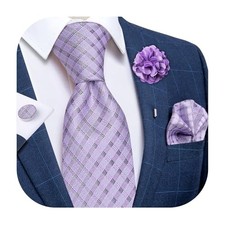 Silk Ties for Men Necktie and Lapel Pin Brooch Set Formal Woven Paisley Lilac