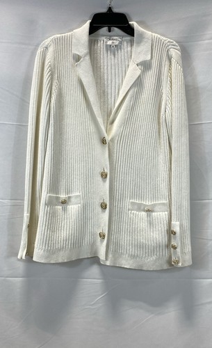 Chanel Women Ivory Ribbed Cotton Button Cardigan Sweater Blazer Size 38