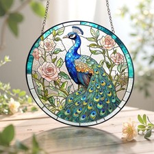 Peacock Stained Glass Suncatcher, Colorful Peacock  Rose Window Hanging